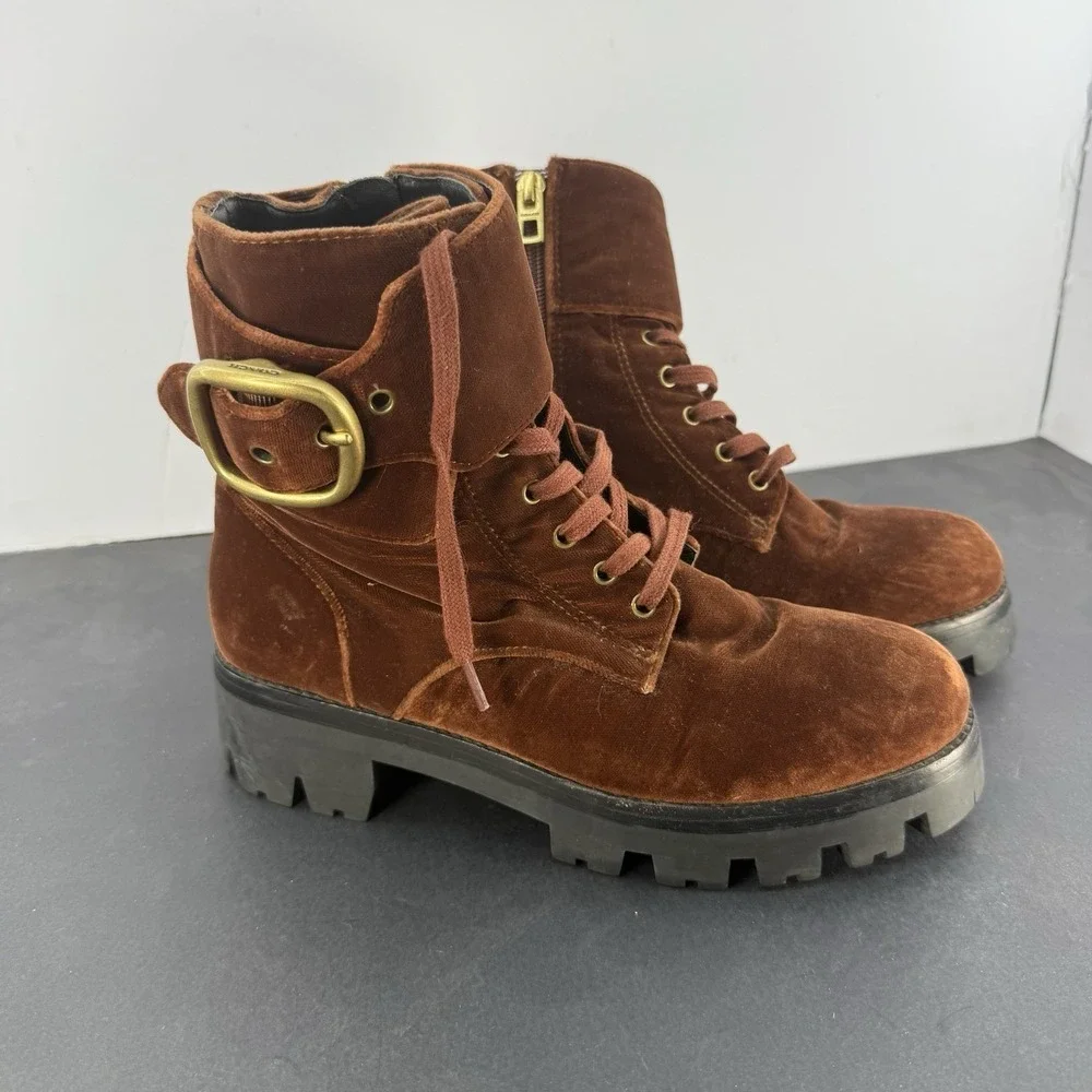 Coach Ankle Combat Boots Lucy Lace Up G2455 Brown Velvet Womens Size 7.5B